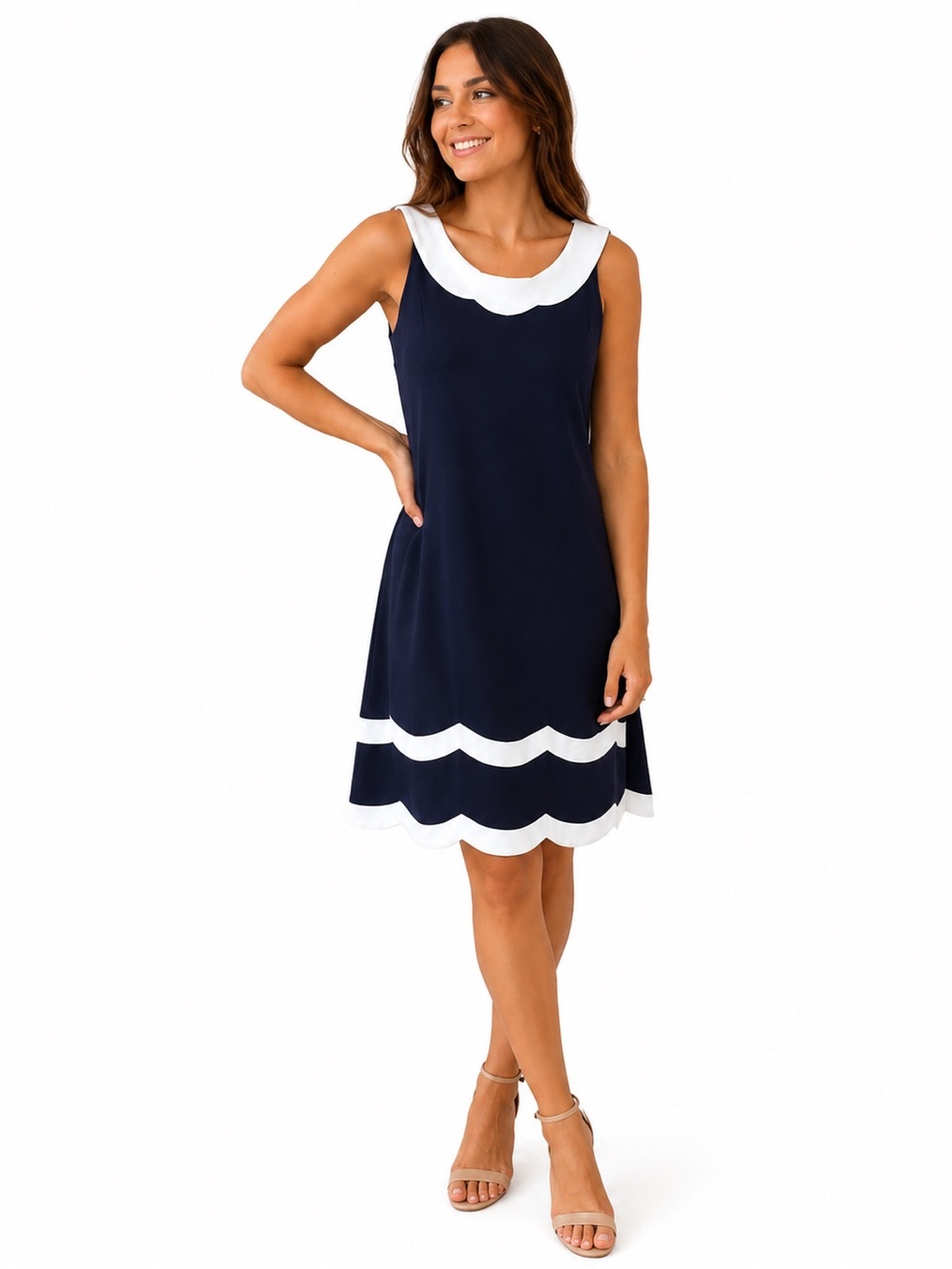 crown & ivy Navy and White Scallop-Trim Midi Dress